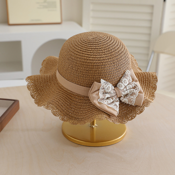 Χαριτωμένο δαντελένιο καπέλο ηλίου με κορδέλα για κορίτσια, σετ ψάθινου καπέλου και τσάντας, δροσερό και χαριτωμένο παιδικό καλοκαιρινό καπέλο ηλίου παραλίας