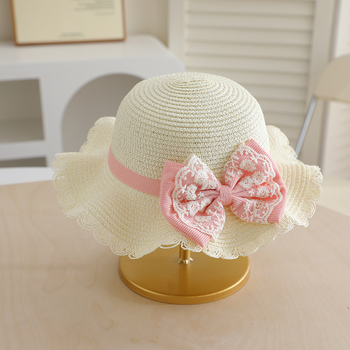 Χαριτωμένο δαντελένιο καπέλο ηλίου με κορδέλα για κορίτσια, σετ ψάθινου καπέλου και τσάντας, δροσερό και χαριτωμένο παιδικό καλοκαιρινό καπέλο ηλίου παραλίας