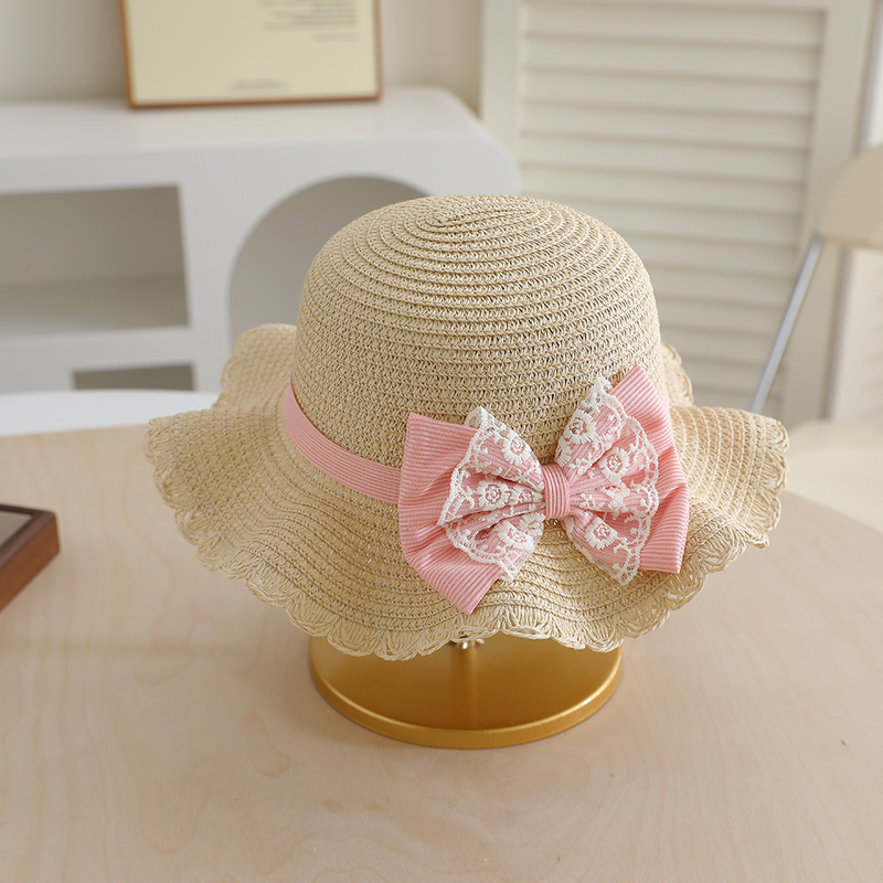 Χαριτωμένο δαντελένιο καπέλο ηλίου με κορδέλα για κορίτσια, σετ ψάθινου καπέλου και τσάντας, δροσερό και χαριτωμένο παιδικό καλοκαιρινό καπέλο ηλίου παραλίας