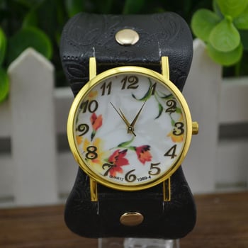 Деликатен дамски часовник от кожа с флорален циферблат, в пасторален стил и модерен принт „Женева“