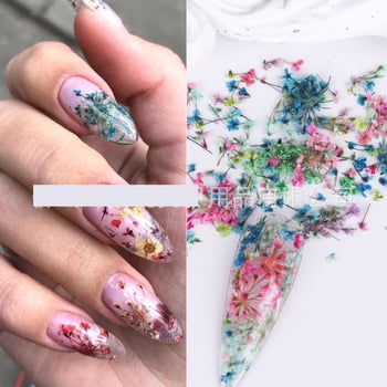 Trendi körömművészet az Instagramon: 3D friss és finom csipkeszirmok vegyes színekben, természetes körömmatricák valódi virágokkal.