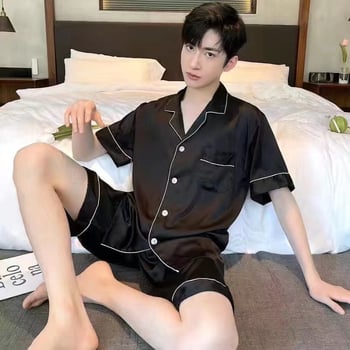 Ανδρικές καλοκαιρινές πιτζάμες και σορτς με κοντά μανίκια για το εξωτερικό εμπόριο, λεπτό κορεάτικο στυλ από μετάξι πάγου για νέους, μονόχρωμο, υψηλής ποιότητας για το σπίτι.