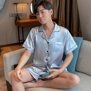 Ανδρικές καλοκαιρινές πιτζάμες και σορτς με κοντά μανίκια για το εξωτερικό εμπόριο, λεπτό κορεάτικο στυλ από μετάξι πάγου για νέους, μονόχρωμο, υψηλής ποιότητας για το σπίτι.