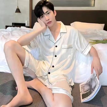 Ανδρικές καλοκαιρινές πιτζάμες και σορτς με κοντά μανίκια για το εξωτερικό εμπόριο, λεπτό κορεάτικο στυλ από μετάξι πάγου για νέους, μονόχρωμο, υψηλής ποιότητας για το σπίτι.
