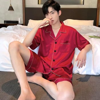 Ανδρικές καλοκαιρινές πιτζάμες και σορτς με κοντά μανίκια για το εξωτερικό εμπόριο, λεπτό κορεάτικο στυλ από μετάξι πάγου για νέους, μονόχρωμο, υψηλής ποιότητας για το σπίτι.
