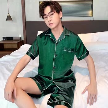 Ανδρικές καλοκαιρινές πιτζάμες και σορτς με κοντά μανίκια για το εξωτερικό εμπόριο, λεπτό κορεάτικο στυλ από μετάξι πάγου για νέους, μονόχρωμο, υψηλής ποιότητας για το σπίτι.