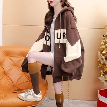 Φθινόπωρο/χειμώνας, γυναικεία μπλούζα με κουκούλα σε χρωματικό μπλοκ, μεγάλη ευρωπαϊκή, κομψή και αδύνατη ζακέτα μεσαίου μήκους, σε πολύ χαμηλές πωλήσεις.