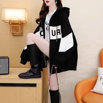 Φθινόπωρο/χειμώνας, γυναικεία μπλούζα με κουκούλα σε χρωματικό μπλοκ, μεγάλη ευρωπαϊκή, κομψή και αδύνατη ζακέτα μεσαίου μήκους, σε πολύ χαμηλές πωλήσεις.