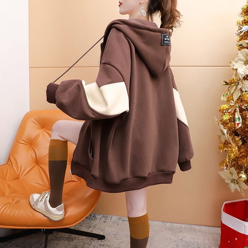 Φθινόπωρο/χειμώνας, γυναικεία μπλούζα με κουκούλα σε χρωματικό μπλοκ, μεγάλη ευρωπαϊκή, κομψή και αδύνατη ζακέτα μεσαίου μήκους, σε πολύ χαμηλές πωλήσεις.