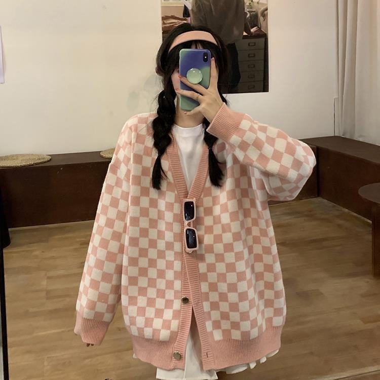 Πλεκτή ζακέτα σε στυλ κολεγίου, φοιτητικό παλτό, γυναικεία φθινοπωρινά και χειμερινά πανωφόρια, χαλαρό νέο χαλαρό ρετρό καρό στυλ