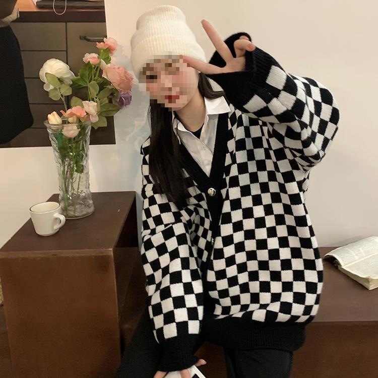 Πλεκτή ζακέτα σε στυλ κολεγίου, φοιτητικό παλτό, γυναικεία φθινοπωρινά και χειμερινά πανωφόρια, χαλαρό νέο χαλαρό ρετρό καρό στυλ