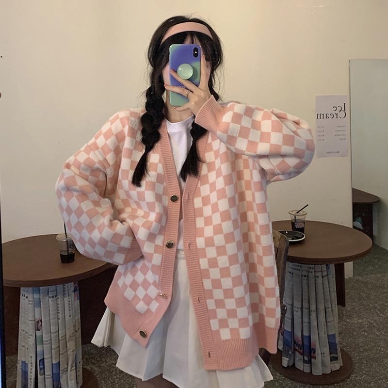 Πλεκτή ζακέτα σε στυλ κολεγίου, φοιτητικό παλτό, γυναικεία φθινοπωρινά και χειμερινά πανωφόρια, χαλαρό νέο χαλαρό ρετρό καρό στυλ