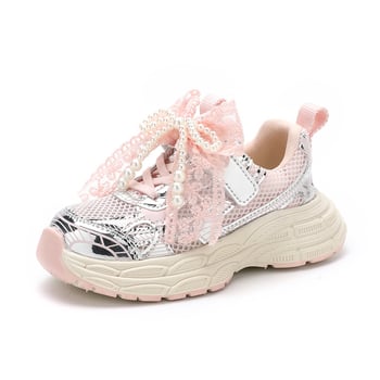 Сладки момичешки маратонки, лято 2025, нов стил, единични мрежести кухи перлени обувки с панделка в китайски стил, маратонки за бягане