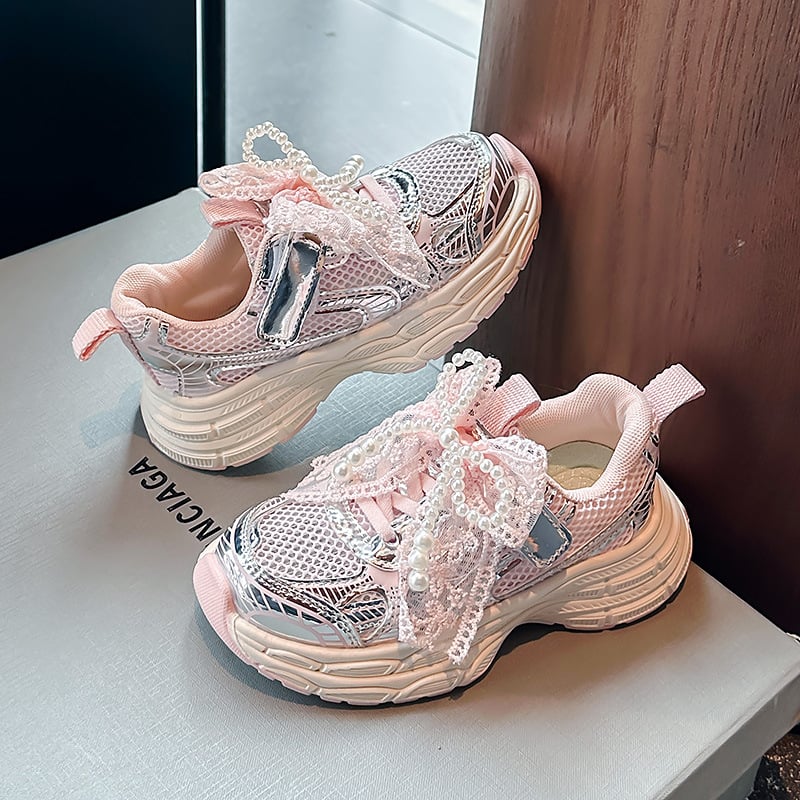 Сладки момичешки маратонки, лято 2025, нов стил, единични мрежести кухи перлени обувки с панделка в китайски стил, маратонки за бягане