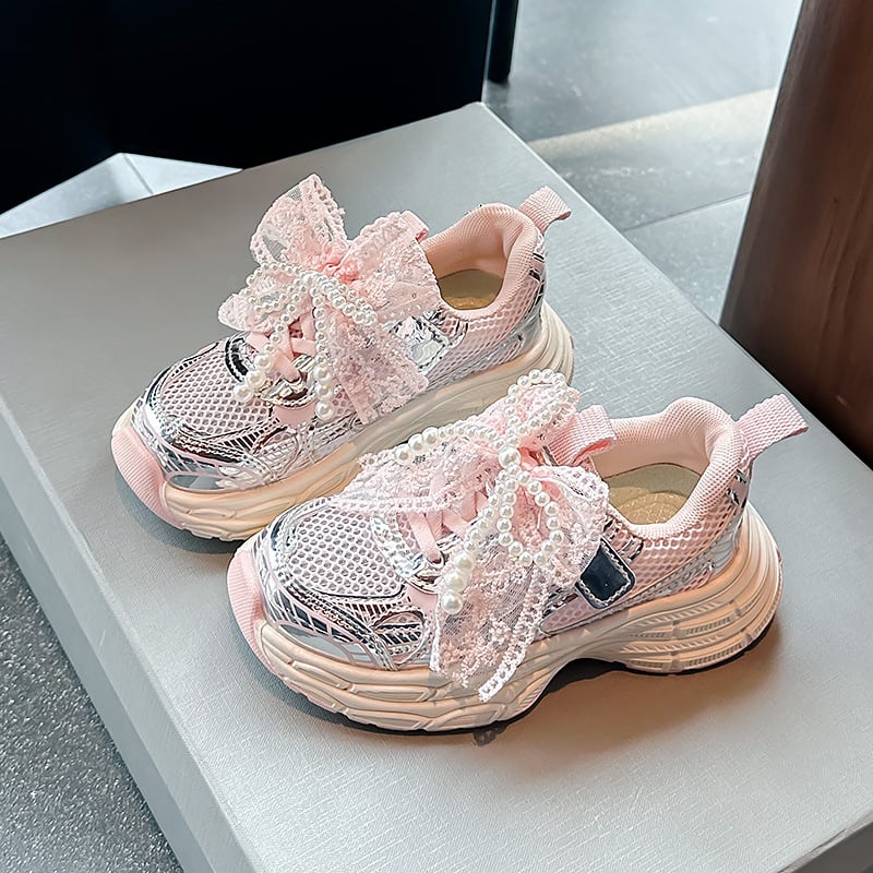 Сладки момичешки маратонки, лято 2025, нов стил, единични мрежести кухи перлени обувки с панделка в китайски стил, маратонки за бягане