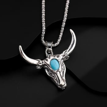 Горещо продавана мощна висулка от сплав с глава на бик, ретро тюркоазено колие за мъже