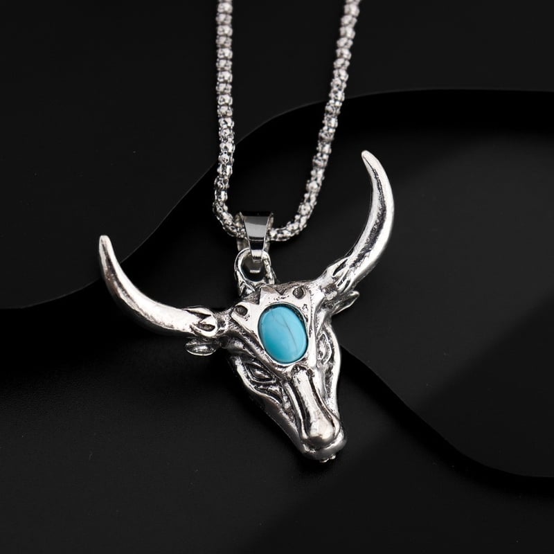 Горещо продавана мощна висулка от сплав с глава на бик, ретро тюркоазено колие за мъже