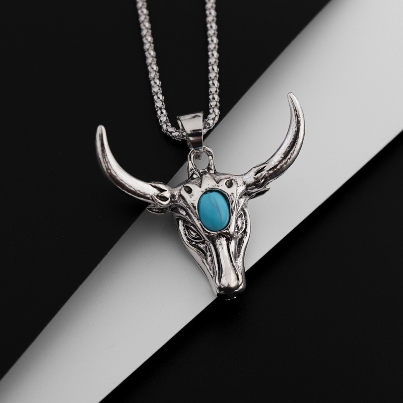 Горещо продавана мощна висулка от сплав с глава на бик, ретро тюркоазено колие за мъже
