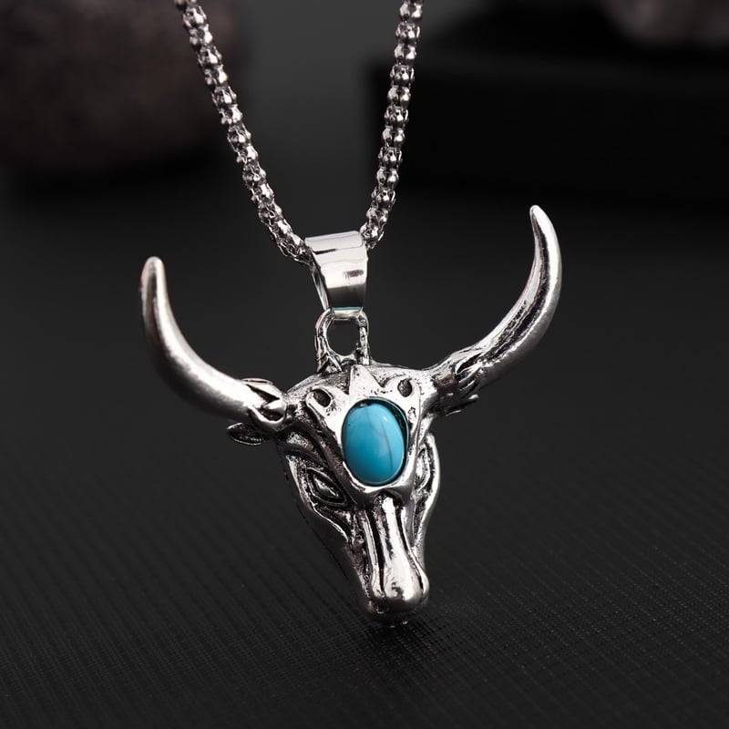 Горещо продавана мощна висулка от сплав с глава на бик, ретро тюркоазено колие за мъже