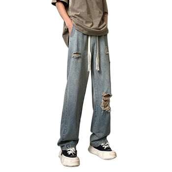 Мъжки скъсани дънки, нов летен стил, свободна кройка, големи размери, широки крачоли, модерни американски ретро прави крачоли, Vibe хай-стрит панталони