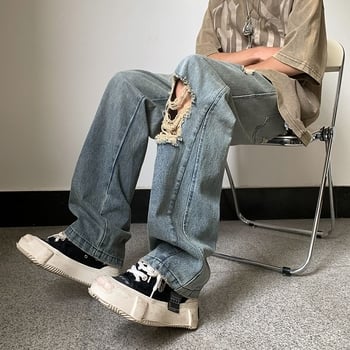 Мъжки скъсани дънки, нов летен стил, свободна кройка, големи размери, широки крачоли, модерни американски ретро прави крачоли, Vibe хай-стрит панталони