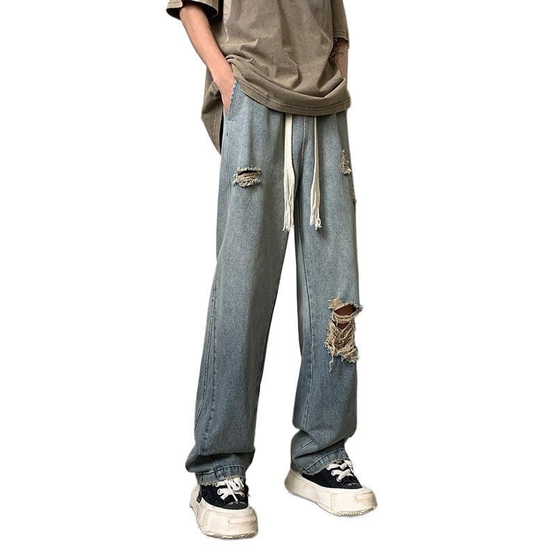 Мъжки скъсани дънки, нов летен стил, свободна кройка, големи размери, широки крачоли, модерни американски ретро прави крачоли, Vibe хай-стрит панталони