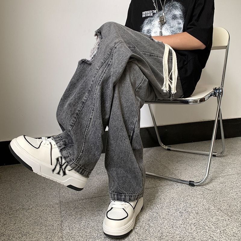 Мъжки скъсани дънки, нов летен стил, свободна кройка, големи размери, широки крачоли, модерни американски ретро прави крачоли, Vibe хай-стрит панталони