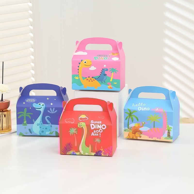 12 darabos rajzfilm témájú parti ajándékdobozok, aranyos fehér dinoszaurusz mintás ajándékkártyák, cukorkás ajándékdobozok.