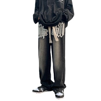 Американски бродирани мъжки дънки от хавлиен плат, модел „high street“, пролет/есен, прани, свободни, прави, дълги до пода.