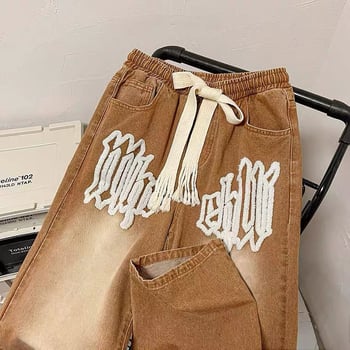 Американски бродирани мъжки дънки от хавлиен плат, модел „high street“, пролет/есен, прани, свободни, прави, дълги до пода.