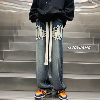 Американски бродирани мъжки дънки от хавлиен плат, модел „high street“, пролет/есен, прани, свободни, прави, дълги до пода.