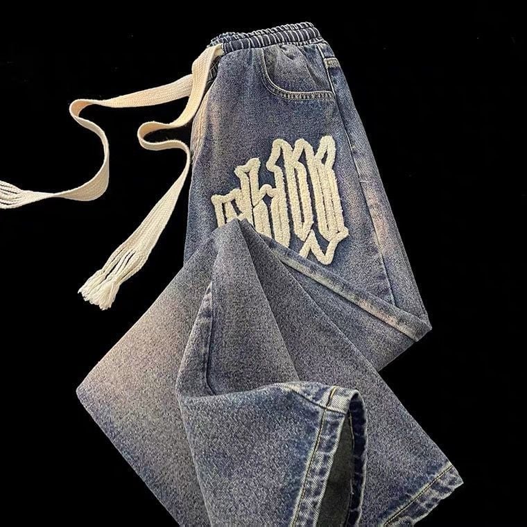 Американски бродирани мъжки дънки от хавлиен плат, модел „high street“, пролет/есен, прани, свободни, прави, дълги до пода.