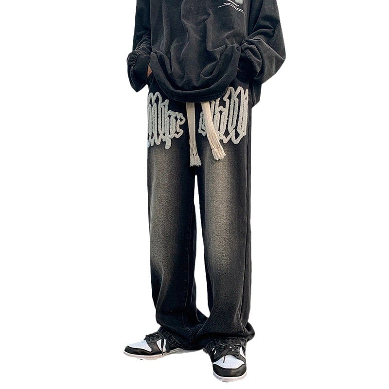 Американски бродирани мъжки дънки от хавлиен плат, модел „high street“, пролет/есен, прани, свободни, прави, дълги до пода.