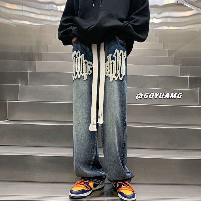 Американски бродирани мъжки дънки от хавлиен плат, модел „high street“, пролет/есен, прани, свободни, прави, дълги до пода.