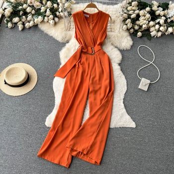 Лято 2023, нов секси, елегантен гащеризон с V-образно деколте и връзки на талията, дамски прав панталон с широки крачоли