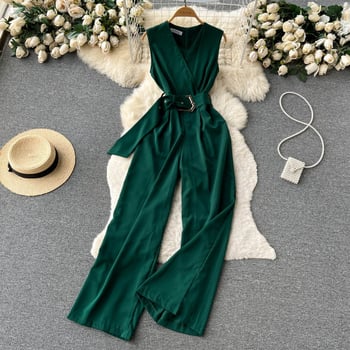 Лято 2023, нов секси, елегантен гащеризон с V-образно деколте и връзки на талията, дамски прав панталон с широки крачоли