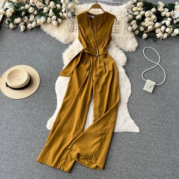 Лято 2023, нов секси, елегантен гащеризон с V-образно деколте и връзки на талията, дамски прав панталон с широки крачоли