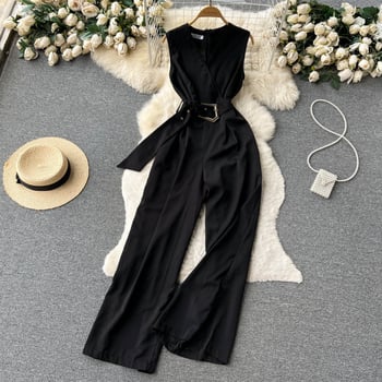 Лято 2023, нов секси, елегантен гащеризон с V-образно деколте и връзки на талията, дамски прав панталон с широки крачоли