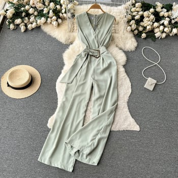 Лято 2023, нов секси, елегантен гащеризон с V-образно деколте и връзки на талията, дамски прав панталон с широки крачоли