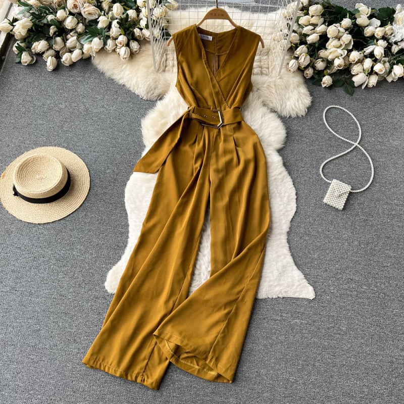 Лято 2023, нов секси, елегантен гащеризон с V-образно деколте и връзки на талията, дамски прав панталон с широки крачоли