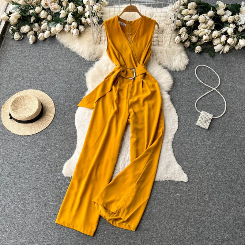 Лято 2023, нов секси, елегантен гащеризон с V-образно деколте и връзки на талията, дамски прав панталон с широки крачоли