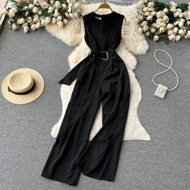 Лято 2023, нов секси, елегантен гащеризон с V-образно деколте и връзки на талията, дамски прав панталон с широки крачоли