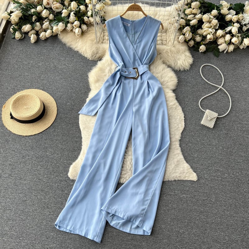 Лято 2023, нов секси, елегантен гащеризон с V-образно деколте и връзки на талията, дамски прав панталон с широки крачоли