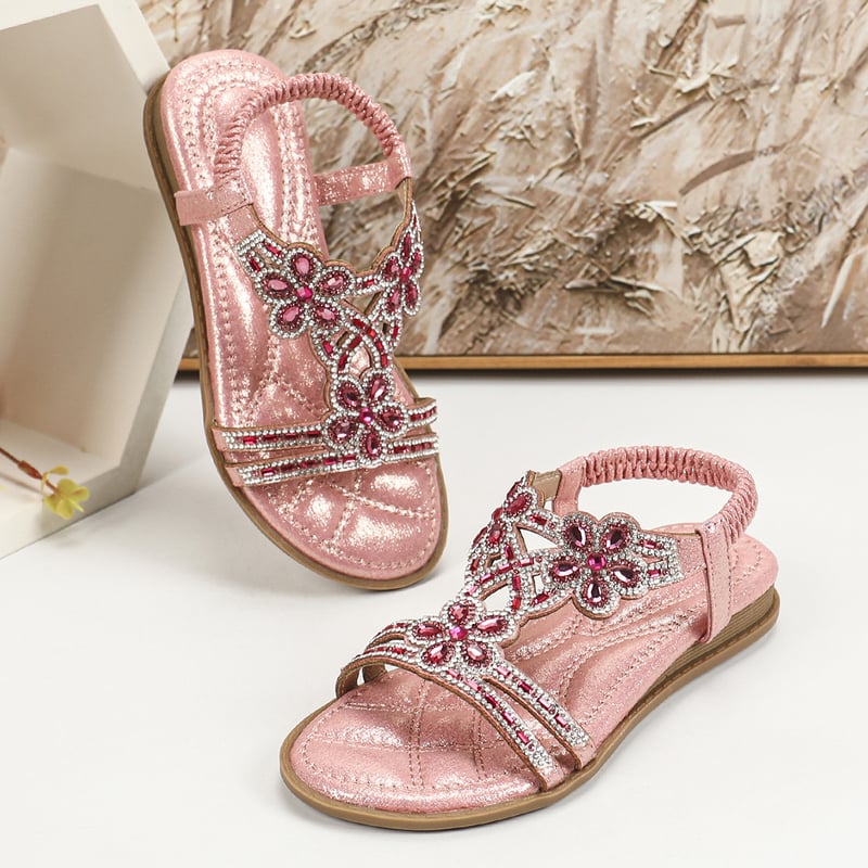 2024 Új, európai és amerikai határokon átnyúló lapos talpú gyermek szandál virágokkal, kristályokkal, kényelmes és sokoldalú, nyitott orrú, hercegnős kislányoknak