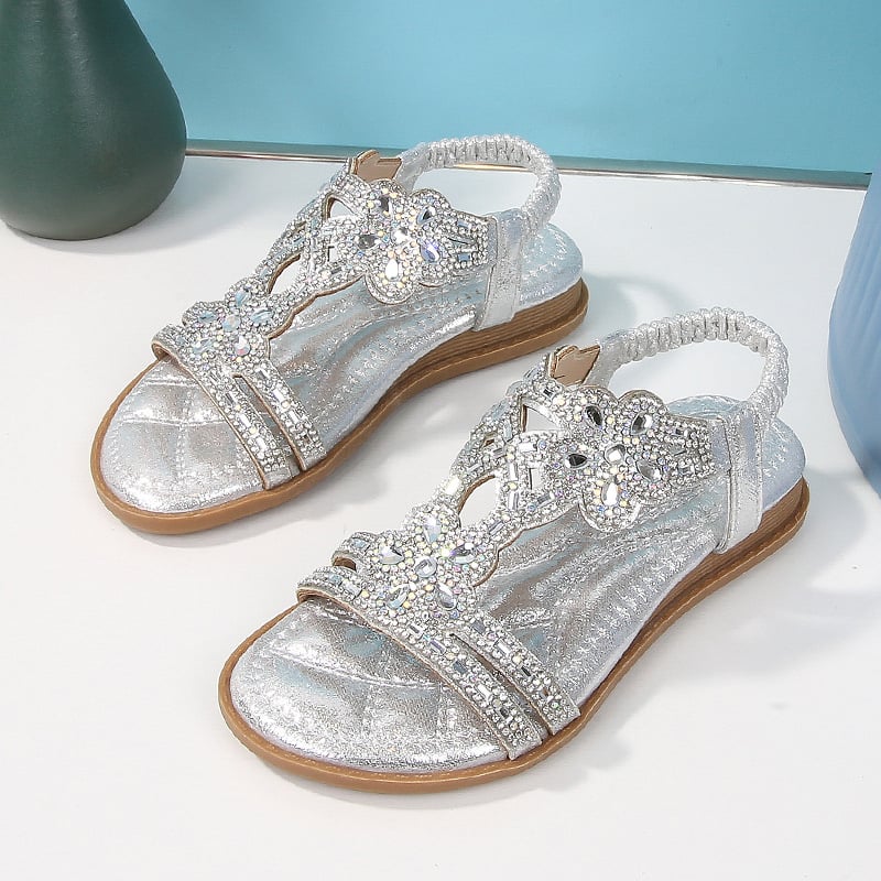 2024 Új, európai és amerikai határokon átnyúló lapos talpú gyermek szandál virágokkal, kristályokkal, kényelmes és sokoldalú, nyitott orrú, hercegnős kislányoknak