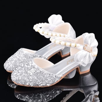 Ασημένια δερμάτινα ψηλοτάκουνα παπούτσια για κοριτσάκια, παρουσιαστές σκηνής, παπούτσια πιάνου, παιδικά κρυστάλλινα παπούτσια, λαμπερά παπούτσια πριγκίπισσας