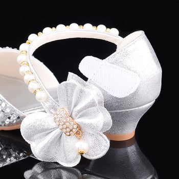 Ασημένια δερμάτινα ψηλοτάκουνα παπούτσια για κοριτσάκια, παρουσιαστές σκηνής, παπούτσια πιάνου, παιδικά κρυστάλλινα παπούτσια, λαμπερά παπούτσια πριγκίπισσας