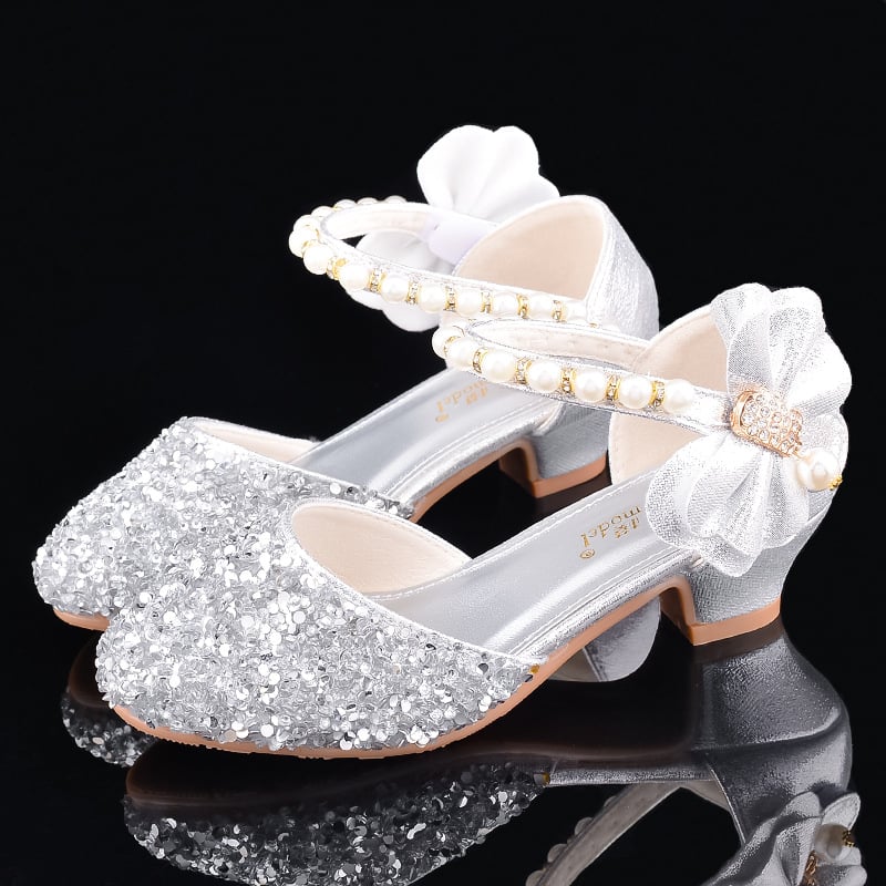 Ασημένια δερμάτινα ψηλοτάκουνα παπούτσια για κοριτσάκια, παρουσιαστές σκηνής, παπούτσια πιάνου, παιδικά κρυστάλλινα παπούτσια, λαμπερά παπούτσια πριγκίπισσας