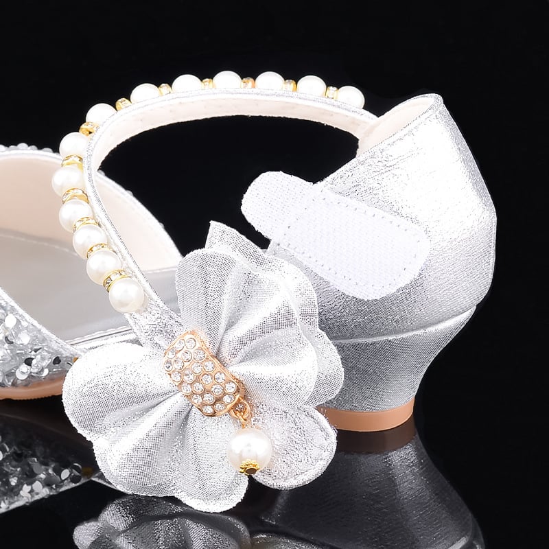 Ασημένια δερμάτινα ψηλοτάκουνα παπούτσια για κοριτσάκια, παρουσιαστές σκηνής, παπούτσια πιάνου, παιδικά κρυστάλλινα παπούτσια, λαμπερά παπούτσια πριγκίπισσας