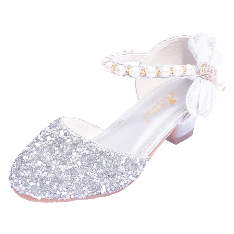Ασημένια δερμάτινα ψηλοτάκουνα παπούτσια για κοριτσάκια, παρουσιαστές σκηνής, παπούτσια πιάνου, παιδικά κρυστάλλινα παπούτσια, λαμπερά παπούτσια πριγκίπισσας